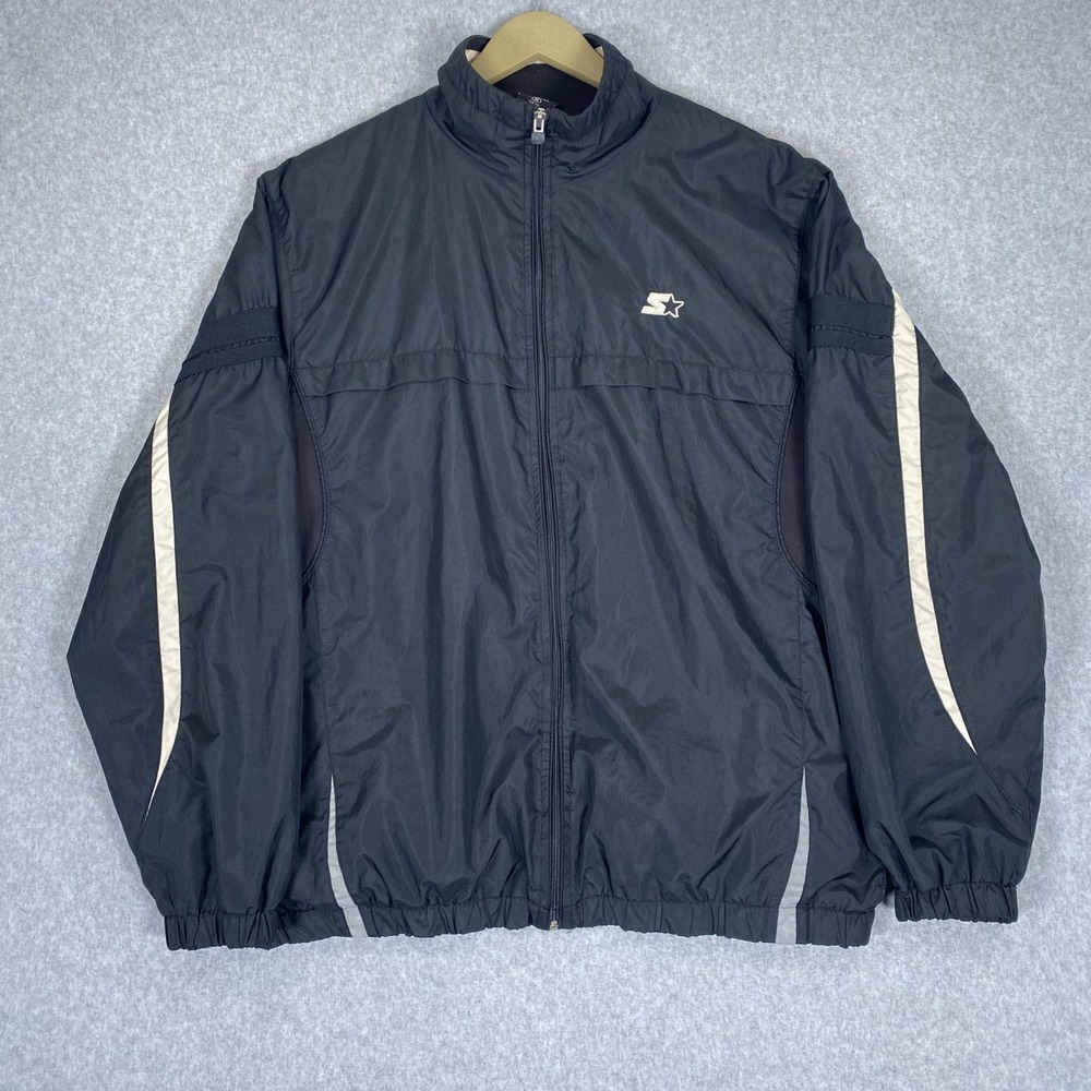 Starter Windbreaker Jacket Mens Medium Black Full Zip Athletic Reflective Stripe